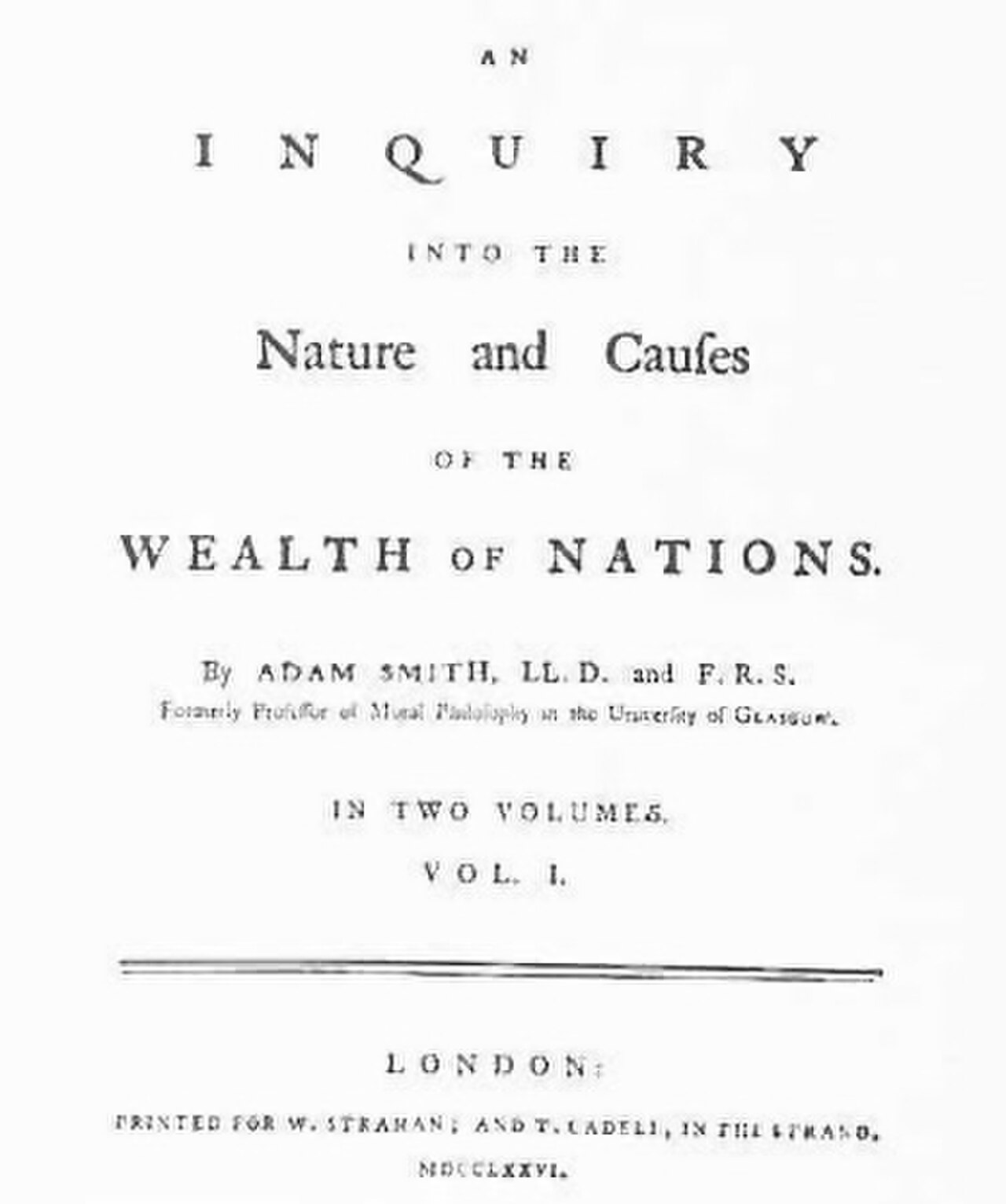 Title page of An Inquiry into the Nature and Causes of the Wealth of Nations, 1776