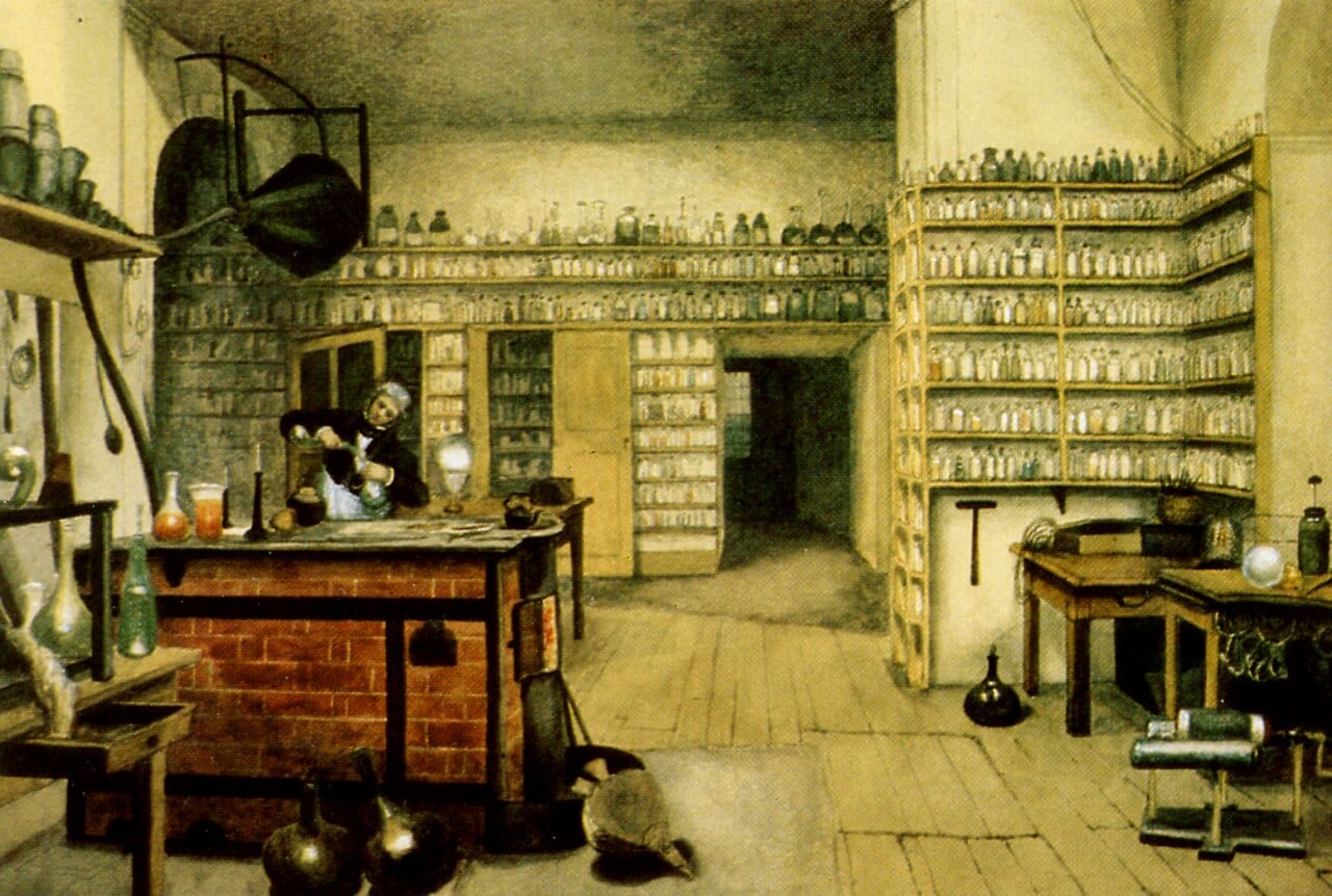 Faraday in his laboratory at the Royal Institution, painted by Harriet Moore