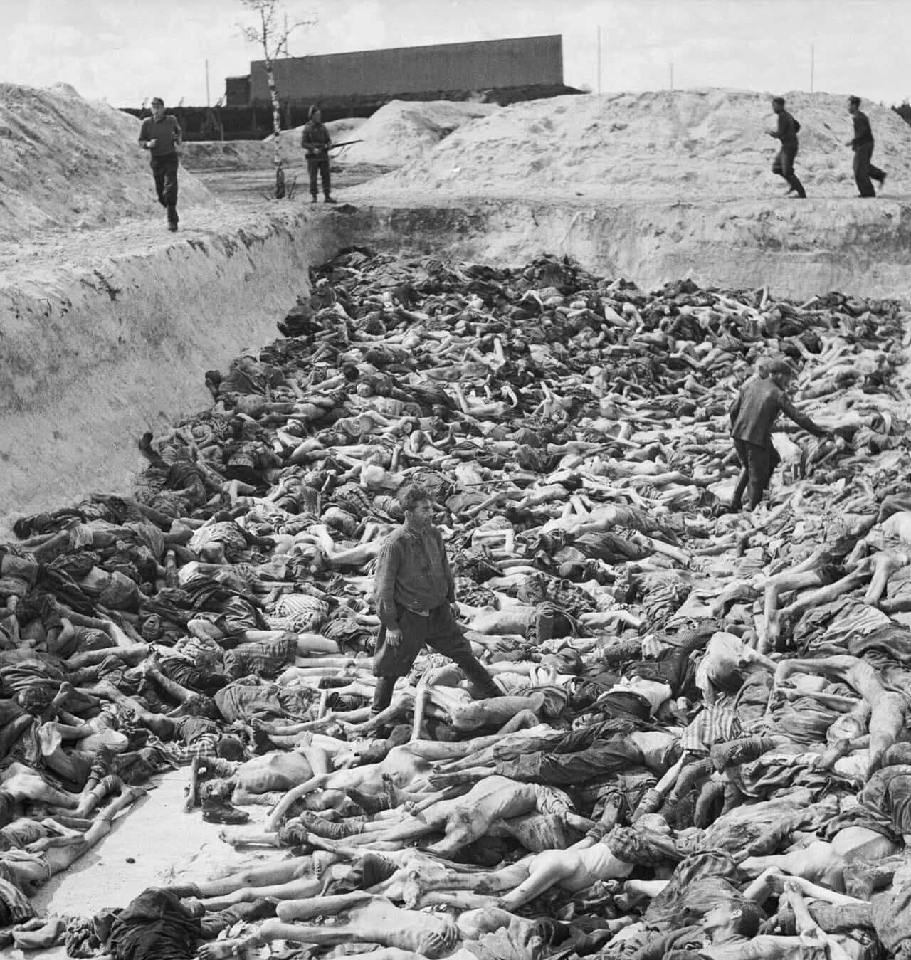 A mass grave at Bergen-Belsen concentration camp, photographed after liberation in 1945