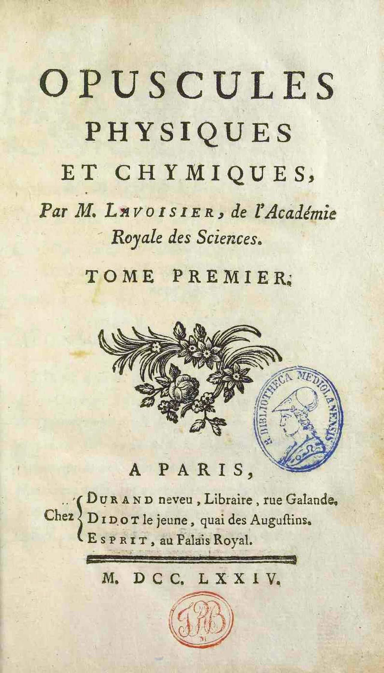 Title page of Lavoisier's Opuscules physiques et chymiques, 1774