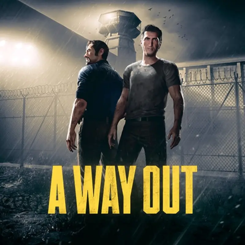 PlayStation Store cover art for A Way Out. Two men stand in the rain in a floodlit prison yard, one facing away and one facing the camera, with a barbed-wire fence and a watchtower behind them. The yellow block title runs across the lower third.
