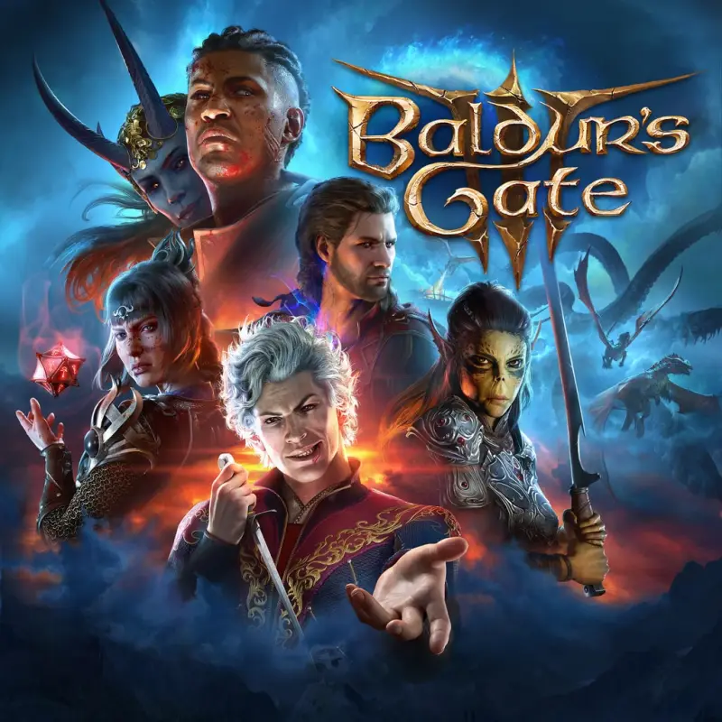PlayStation Store cover art for Baldur's Gate 3. Six fantasy characters are arranged around a gold logo: a white-haired vampire in red and gold at the front, a horned tiefling, a scarred warrior, a lizard-like githyanki raising a sword, and a woman casting a red glow. Dragons fly through smoky blue cloud behind them.