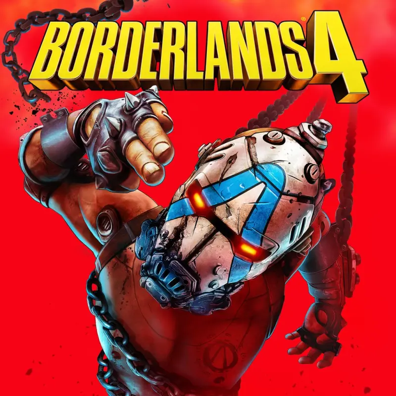 PlayStation Store cover art for Borderlands 4. A hulking armoured figure in a cracked blue and white mask fills a flat red background, one spiked gauntlet reaching toward the viewer and chains hanging from its arms. The yellow logo sits at the top.