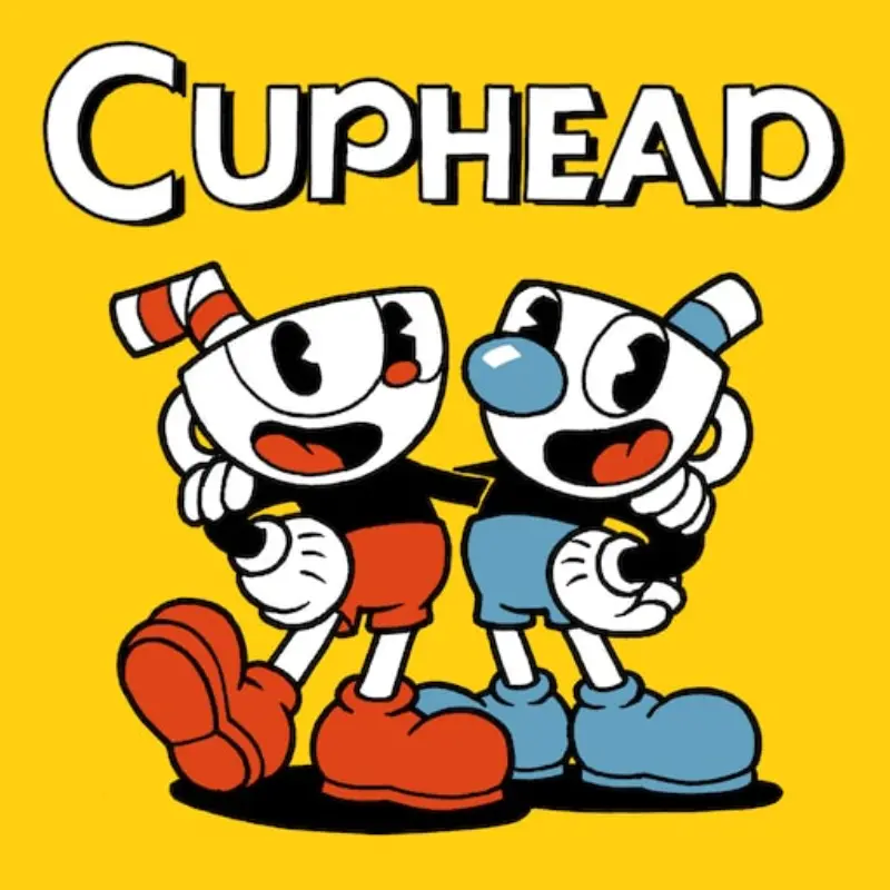 PlayStation Store cover art for Cuphead. Two 1930s-style cartoon characters with cups for heads stand arm in arm against a flat yellow background, Cuphead with a red nose and red shorts and Mugman in blue, both grinning. The black-outlined logo arcs above them.