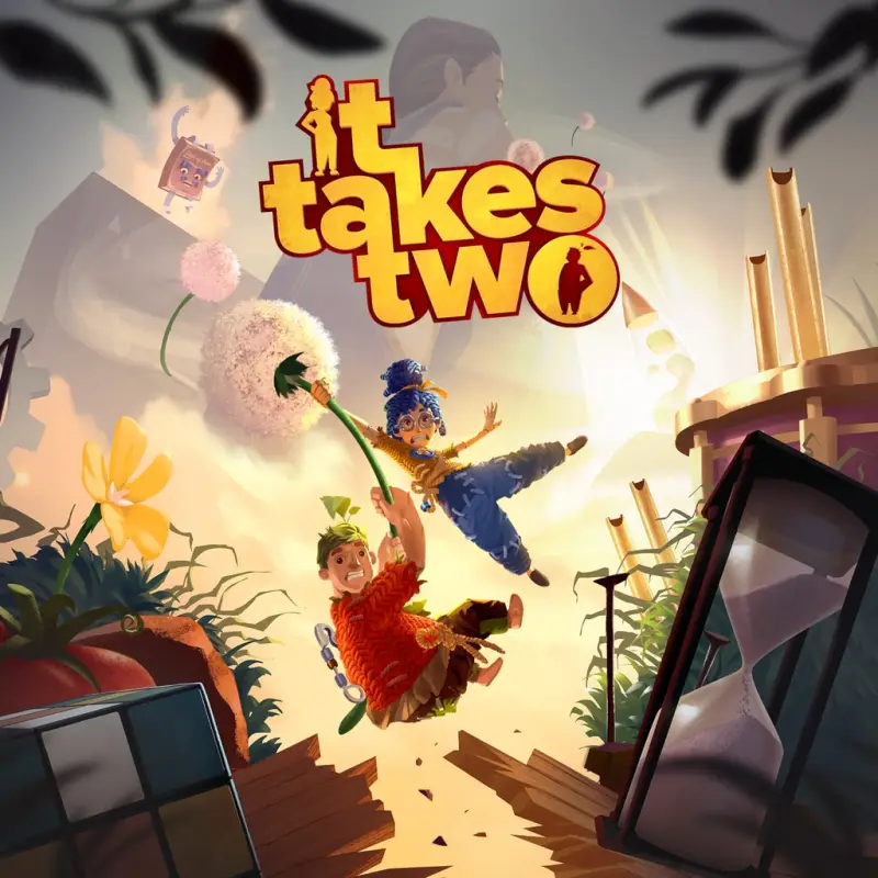 PlayStation Store cover art for It Takes Two. Two handmade doll characters swing from a dandelion stem, a man in a red knitted jumper below and a blue-haired woman in denim above him. Oversized garden objects surround them, including a tomato, a Rubik's cube and an hourglass. The gold logo sits at the top.