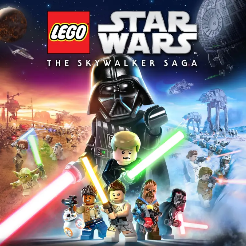 PlayStation Store cover art for LEGO Star Wars: The Skywalker Saga. LEGO minifigures crowd the frame with Darth Vader looming at the centre and Luke in front of him. Rey, Finn, Chewbacca, BB-8, Yoda, R2-D2, Kylo Ren and Leia surround them, lightsabers crossing, with AT-ATs and the Death Star in the background.
