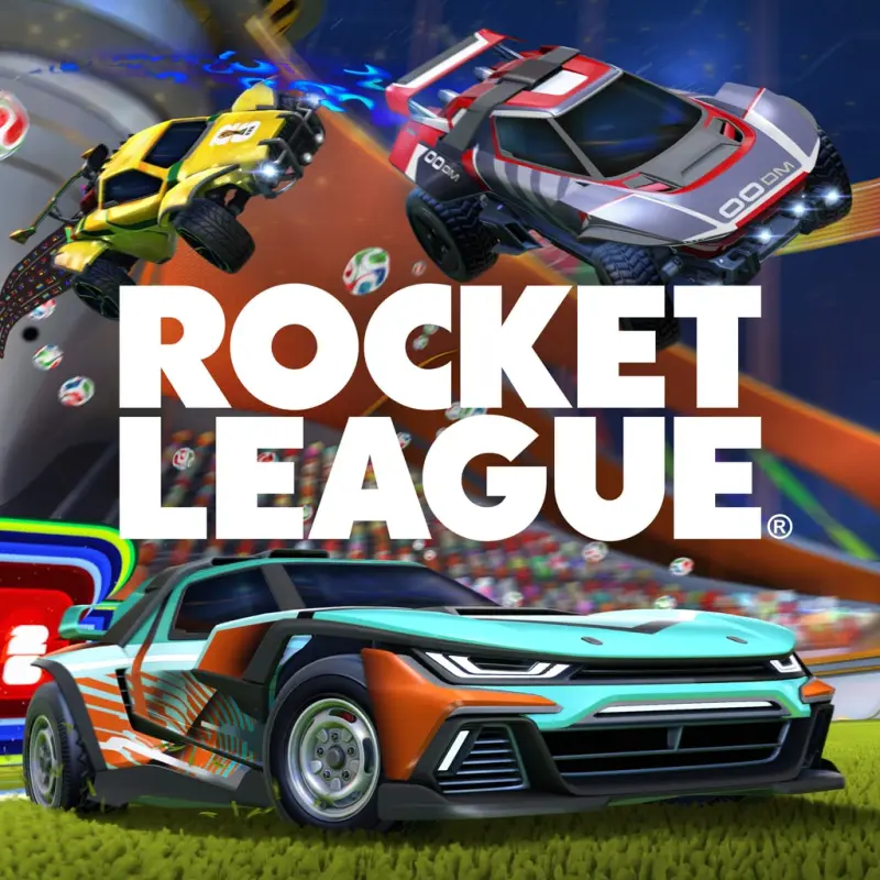 PlayStation Store cover art for Rocket League. Three rocket-powered cars in a floodlit stadium: a teal and orange one on the grass pitch in front, a yellow one and a red and grey one airborne above it. Footballs scatter across the arena and a crowd fills the stands. The white block logo sits across the middle.