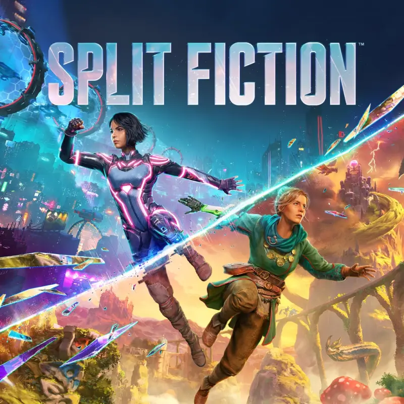 PlayStation Store cover art for Split Fiction. A glowing diagonal line splits the image in two. On the left a woman in a neon pink bodysuit falls through a cyberpunk city; on the right a woman in a green cloak falls through a golden fantasy landscape. The silver logo runs across the top.