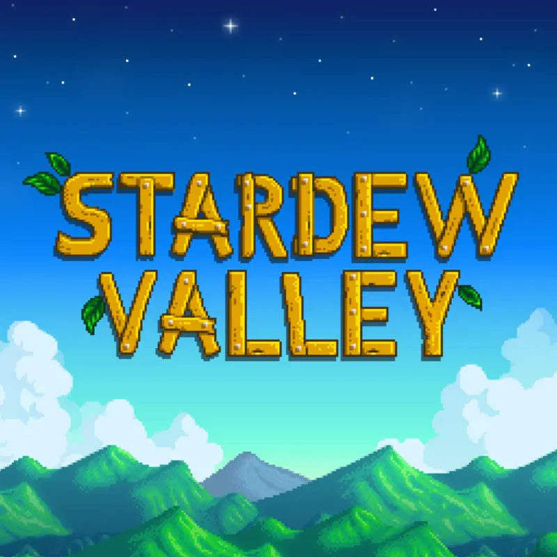 PlayStation Store cover art for Stardew Valley. A pixel-art night scene of green mountains under a starry blue sky with clouds. The title is built from yellow wooden plank letters with green leaves sprouting from them.