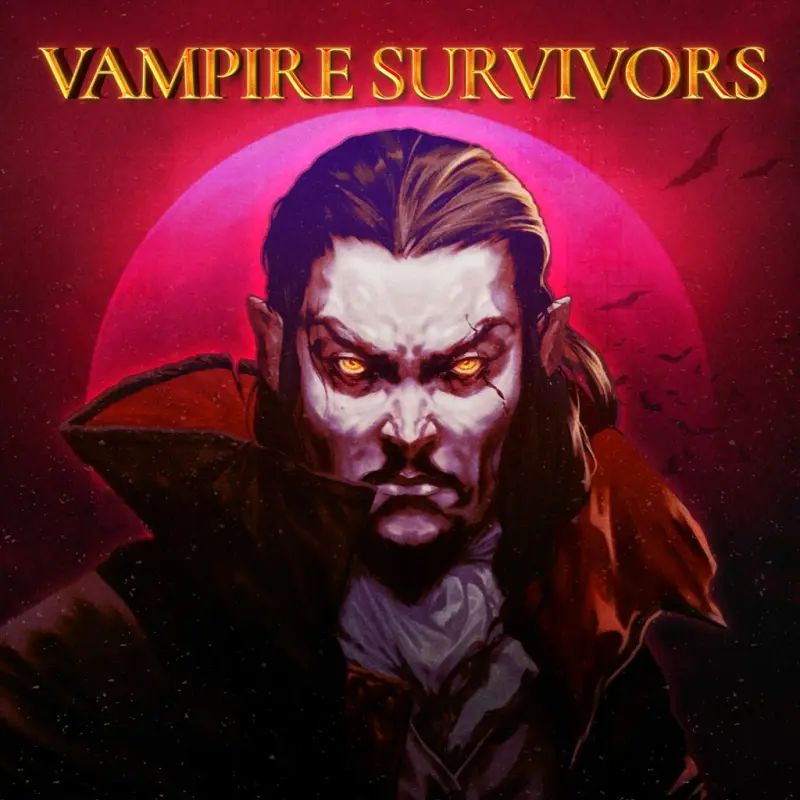 PlayStation Store cover art for Vampire Survivors. A pale vampire with glowing yellow eyes, dark swept-back hair and a high-collared black and red cloak stares forward, framed by a magenta moon with bats flying across it. The gold title runs above him.