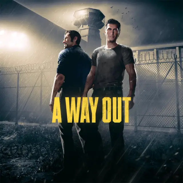 Xbox Store cover art for A Way Out. Two men stand back to back in the rain inside a floodlit prison yard, framed by a barbed-wire fence and a guard tower, with the yellow title text across the lower half.