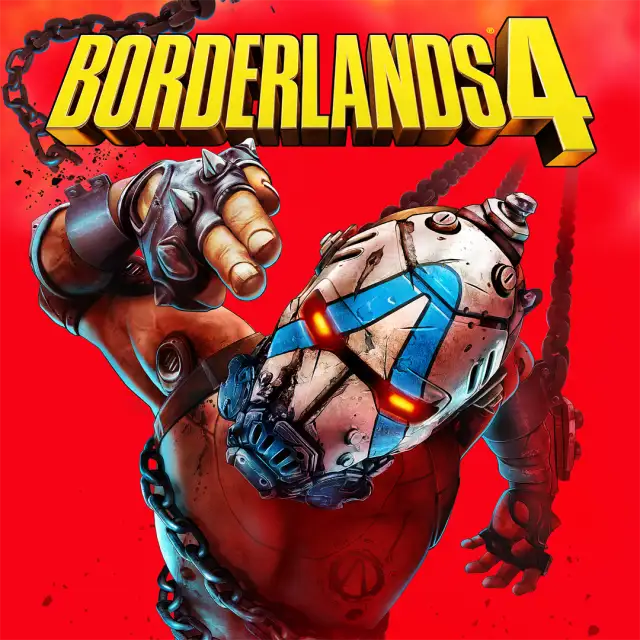 Xbox Store cover art for Borderlands 4. A masked, chained robotic figure with a glowing blue visor and spiked knuckles reaches toward the camera against a flat red background, beneath the yellow chrome-lettered title logo.