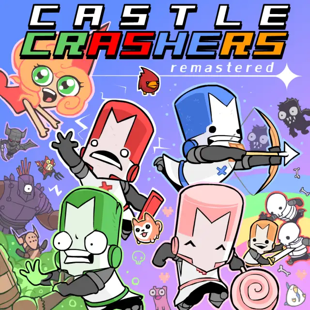Xbox Store cover art for Castle Crashers Remastered. Four cartoon knights in red, blue, green and pink armor react in surprise and battle-ready poses, surrounded by a fireball creature, a bow-wielding knight, skeletons and a corgi. The pixel-style logo with the word remastered beneath it runs across the top.