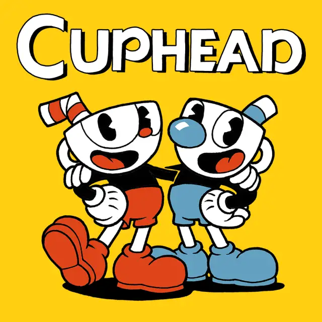 Xbox Store cover art for Cuphead. Two 1930s-cartoon-style characters with cup-shaped heads, Cuphead in red and Mugman in blue, pose arm in arm against a flat yellow background beneath the white bubble-letter logo.