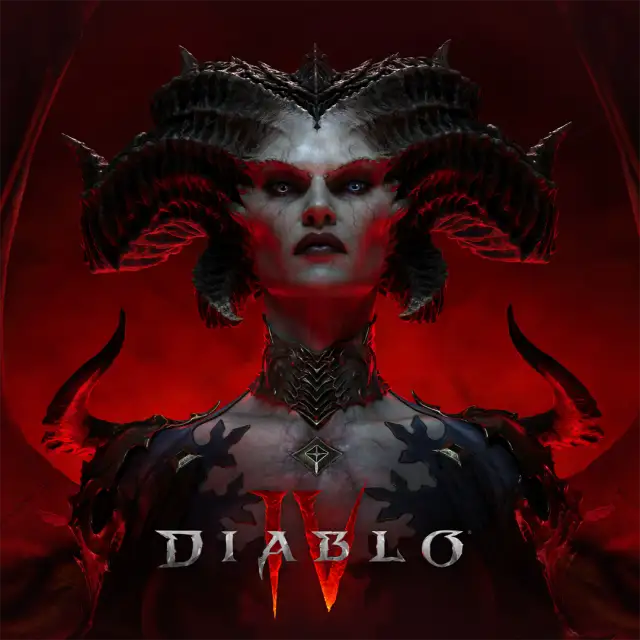 Xbox Store cover art for Diablo IV. Lilith, a horned demonic figure with pale skin and red facial markings, stares forward against a glowing red background, with the silver engraved title logo beneath her.