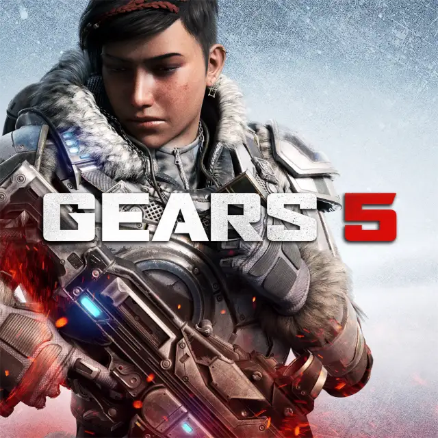 Xbox Store cover art for Gears 5. A close-up of a female soldier in fur-trimmed armor holding a chainsaw-bayonet rifle, set against a frosted grey background, with the white and red block-letter logo across her chest.