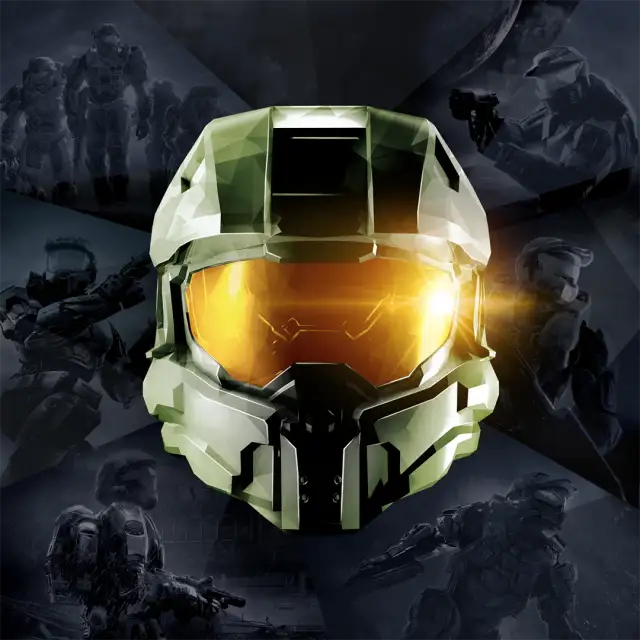Xbox Store cover art for Halo: The Master Chief Collection. A close-up of Master Chief's green helmet with a glowing orange visor, set against a dark collage of smaller armored Spartan figures from across the series.