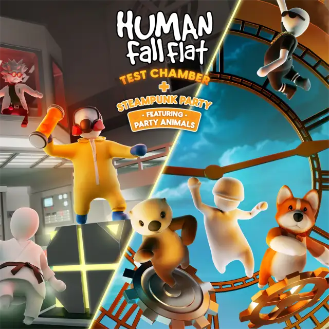 Xbox Store cover art for Human Fall Flat. Soft, featureless ragdoll characters in colored outfits climb and dangle across a split scene, a lab test chamber on the left and a steampunk clock tower fairground on the right, with a plush fox and bear riding gears. The title logo sits at the top with the Test Chamber and Steampunk Party subtitle beneath it.
