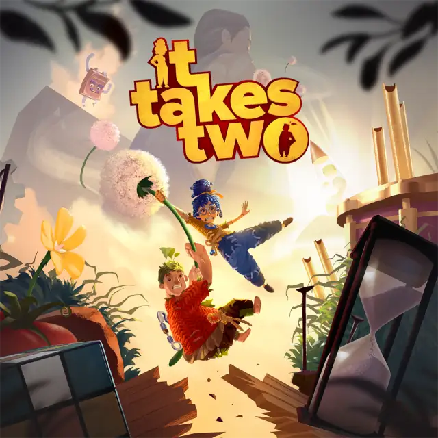Xbox Store cover art for It Takes Two. Two handmade doll characters, a man in a red knitted jumper and a woman with blue yarn hair, fly through the air holding a dandelion stem above a workshop scene with a giant hourglass and oversized tools. The yellow title logo sits at the center.