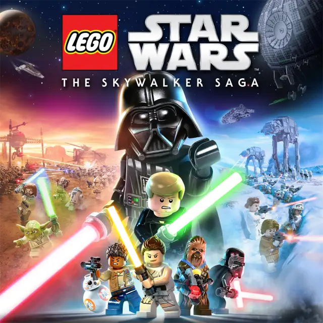 Xbox Store cover art for LEGO Star Wars: The Skywalker Saga. LEGO minifigures of Darth Vader, Luke, Rey, Finn, Chewbacca, Yoda, BB-8 and Kylo Ren stand before a starfield with the Death Star, AT-ATs and X-wings, lightsabers glowing red, green, blue and yellow. The white logo runs across the top.