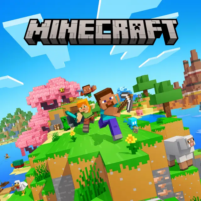 Xbox Store cover art for Minecraft. A blocky voxel hillside under a blue sky, with Steve holding a bow and Alex behind him running past a pink cherry-blossom tree, a creeper, a parrot, a baby pig and a sheep. The grey block-letter logo runs across the top.