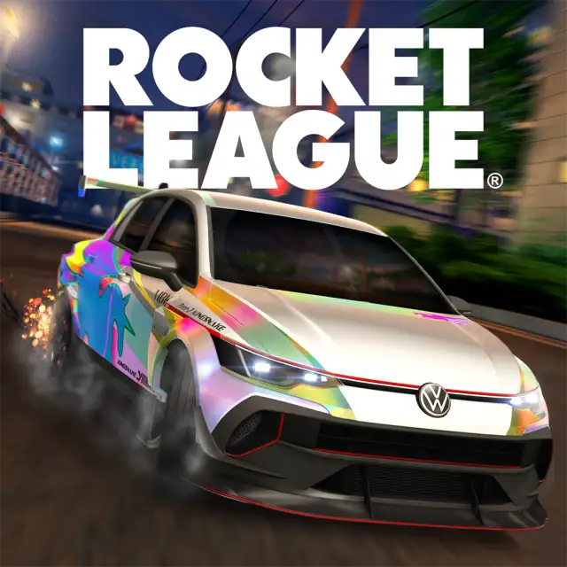 Xbox Store cover art for Rocket League. A white car with an iridescent rainbow decal drifts through a rain-slicked city street at night, sparks flying from its rear wheel, beneath the bold white title logo.