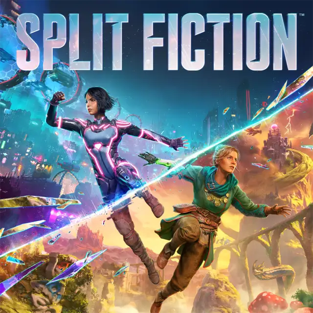 Xbox Store cover art for Split Fiction. A diagonal beam of light divides the image: on the left a woman in a pink-lit black tech suit leaps through a neon-blue cyberpunk cityscape, and on the right a woman in a green hooded cloak runs through a golden fantasy forest. The chrome title logo spans the top.