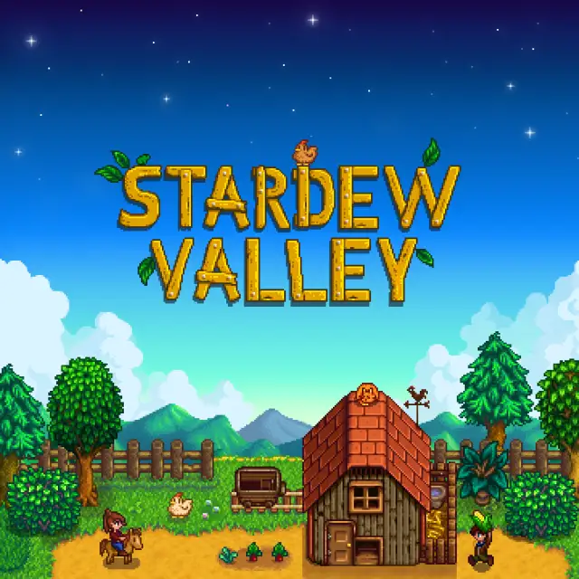 Xbox Store cover art for Stardew Valley. A pixel-art farmhouse with a red roof sits among trees under a starry night-to-dawn sky, with a farmer riding a horse and chickens in the yard. The wooden-plank-style title logo with sprouting leaves sits above the scene.