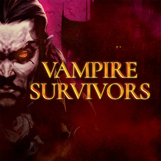 Xbox Store cover art for Vampire Survivors. A pale, scarred vampire's face with one glowing orange eye looms in close-up against a dark red textured background, with the gold engraved title text below.