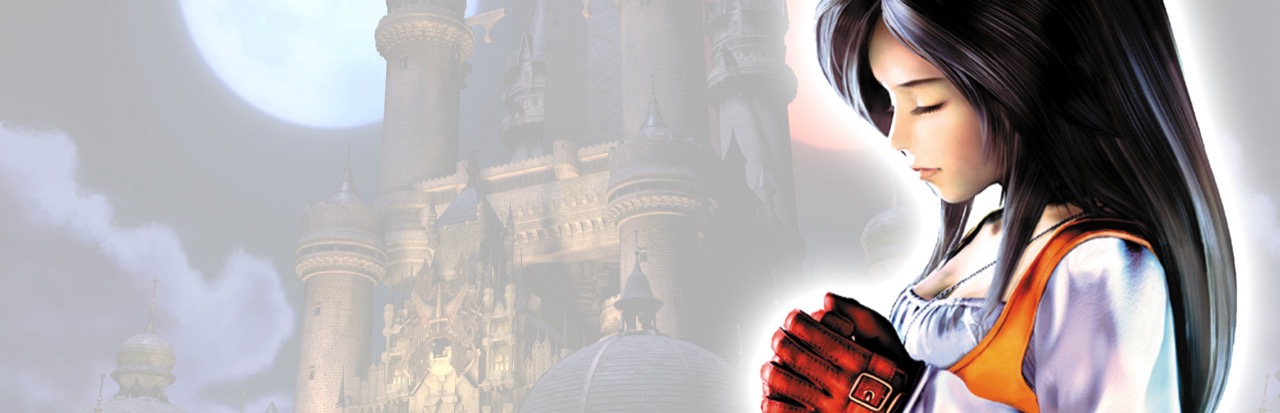 Final Fantasy IX banner art: Garnet in profile with her eyes closed and her red-gloved hands clasped, the spires of Alexandria castle and a pale moon behind her.