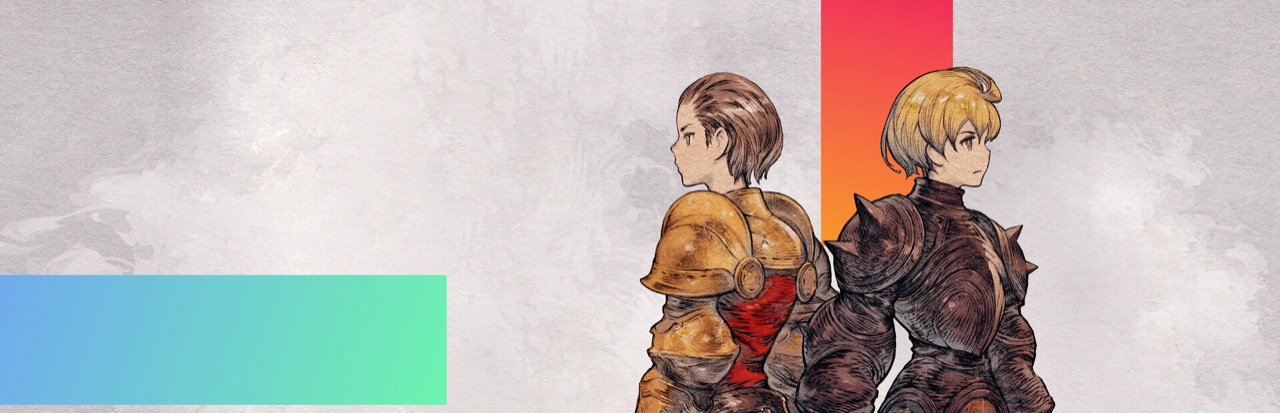 Final Fantasy Tactics banner art: two young knights in painted armour standing back to back in profile, on a pale textured ground with blocks of gradient colour.