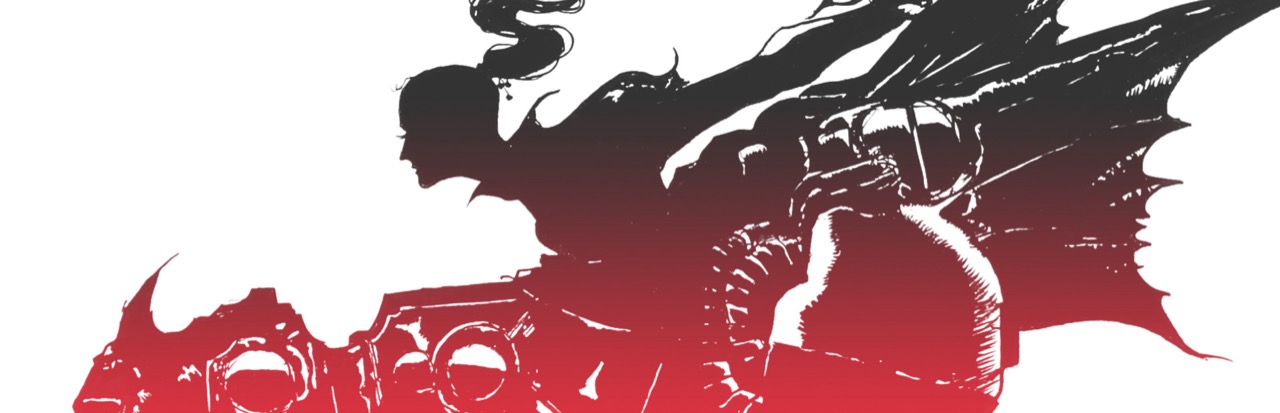 Final Fantasy VI banner art: a stylised black and red silhouette of Terra riding Magitek armour, with wide ribbed wings spreading across a white background.