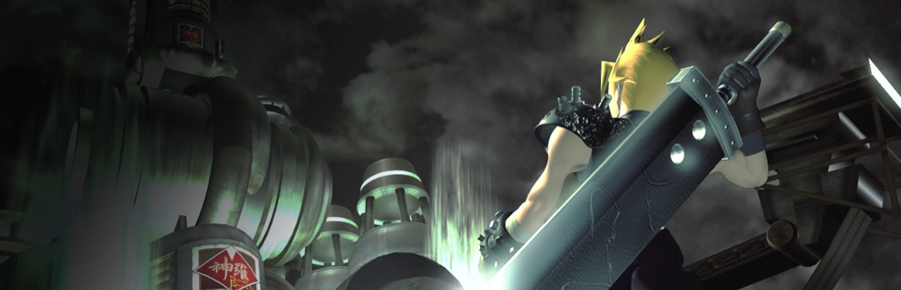 Final Fantasy VII banner art: Cloud with the Buster Sword over his shoulder, lit green, standing against the pipes and towers of a Shinra Mako reactor under a smoky sky.