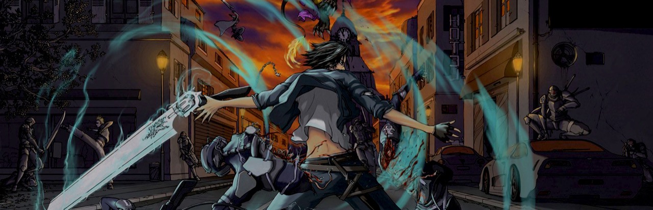 Final Fantasy VIII banner art: Squall seen from behind with his gunblade drawn, trailing teal light through a street fight under an orange sunset and a clock tower.