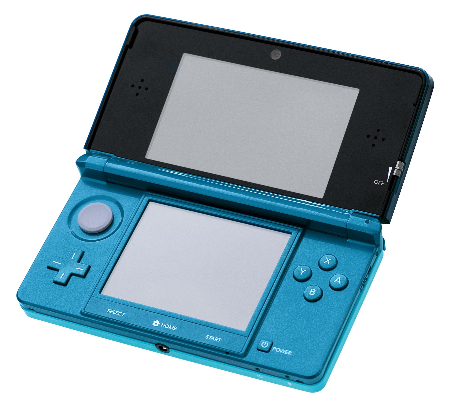 A Nintendo 3DS handheld console in aqua blue, the platform Fire Emblem: Awakening launched on in 2012.