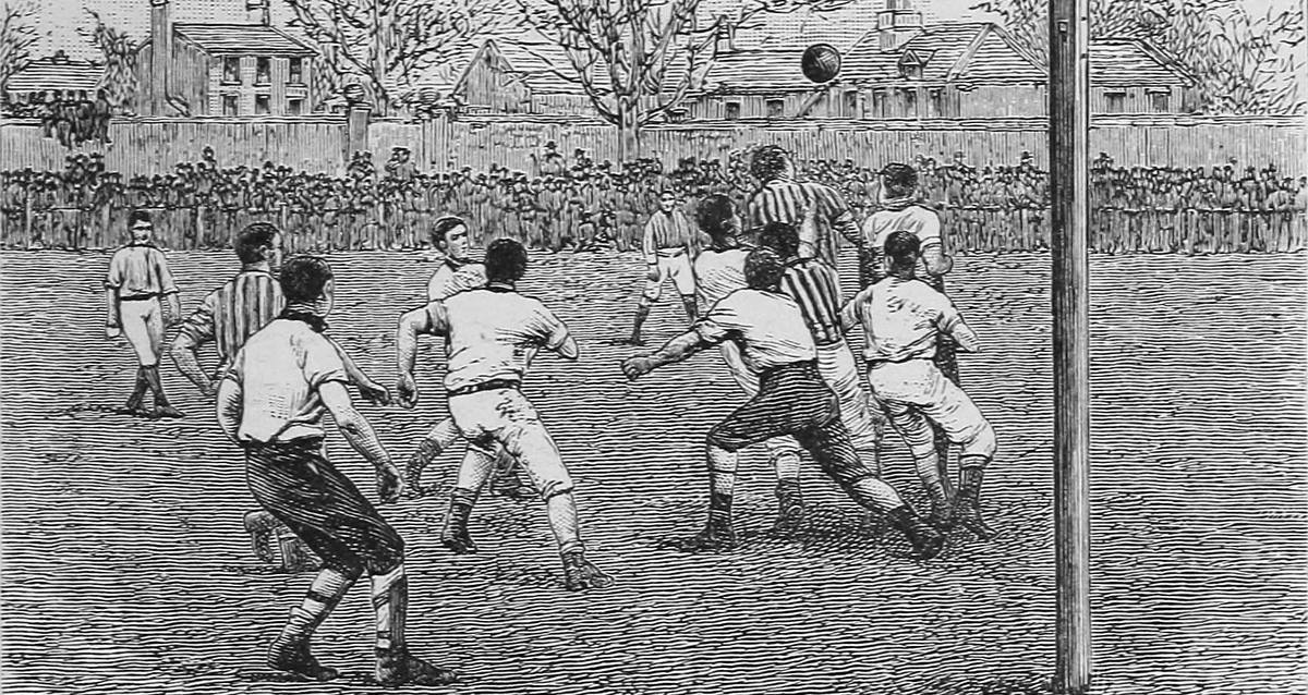 An 1887 black-and-white illustration of an English association football match, published in a British sports periodical.