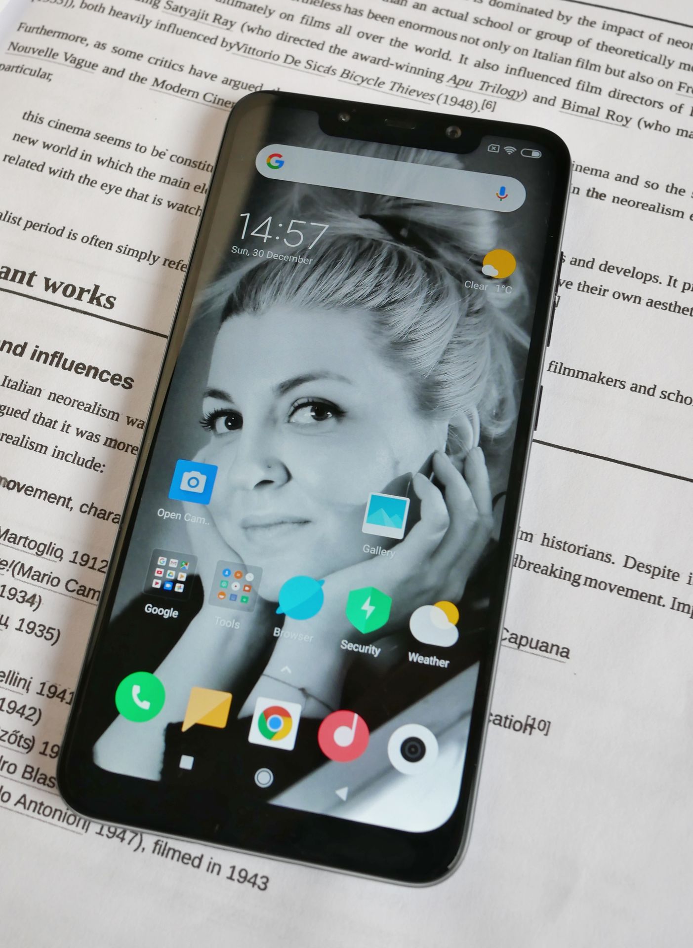 Xiaomi Poco F1 smartphone, front view — the 2018 launch device that built Poco's flagship-killer reputation